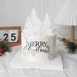 烘焙蛋糕装 饰插卡 饰插件闪白圣诞树麋鹿唯美圣诞节白色系甜品台装