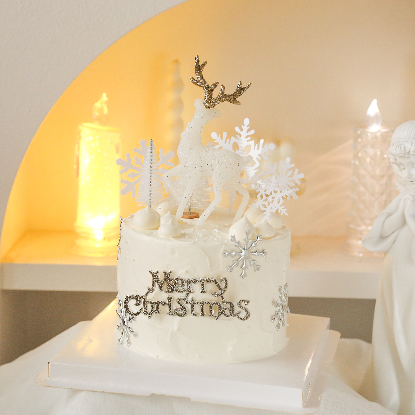 烘焙蛋糕装饰闪粉纯白麋鹿插件圣诞树唯美圣诞节白色系甜品台装饰
