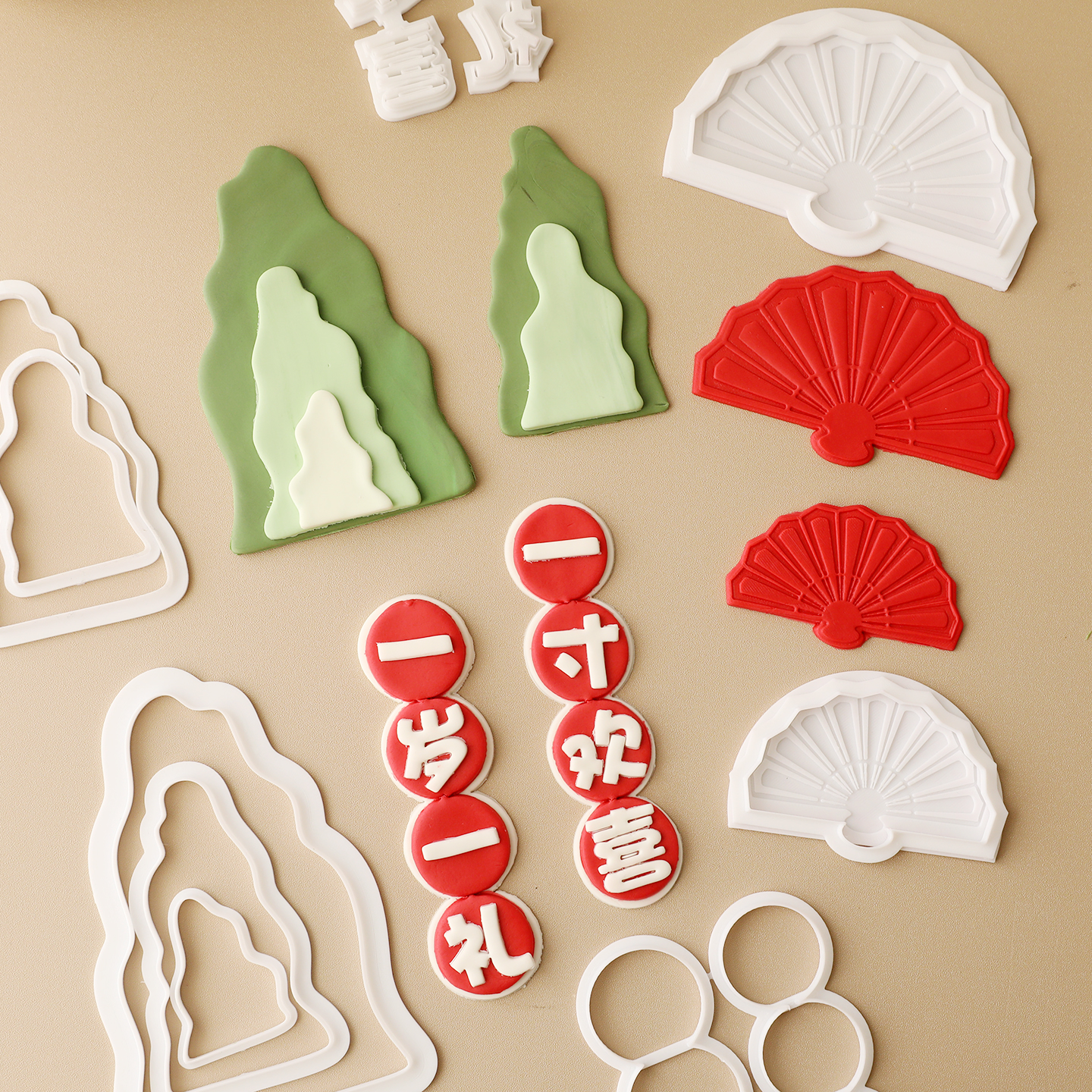 包邮一岁一礼国风中式扇子假山中国风蛋糕装饰翻糖切模模具插件