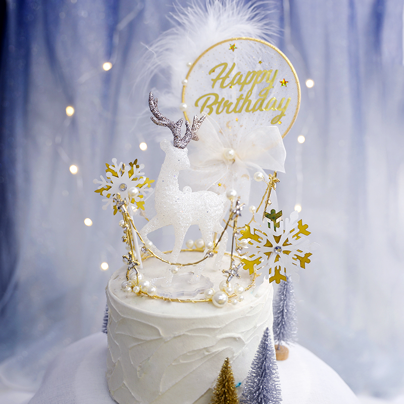 烘焙皇冠蛋糕装饰摆件网红森系奢华水晶麋鹿雪花插件水晶羽毛插牌