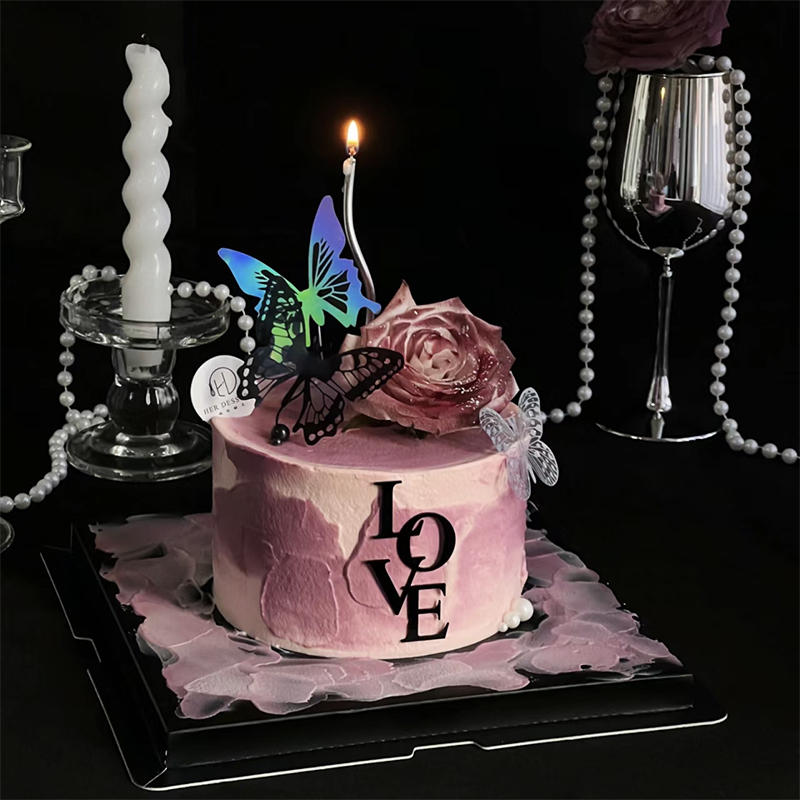 情人节网红烘焙蛋糕装饰摆件唯美浪漫蝴蝶亚克力黑love插件