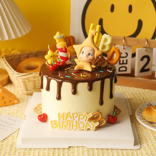 包邮网红生日蛋糕装饰摆件HBD星星宝星仔卡通樱桃蜡烛插件插卡
