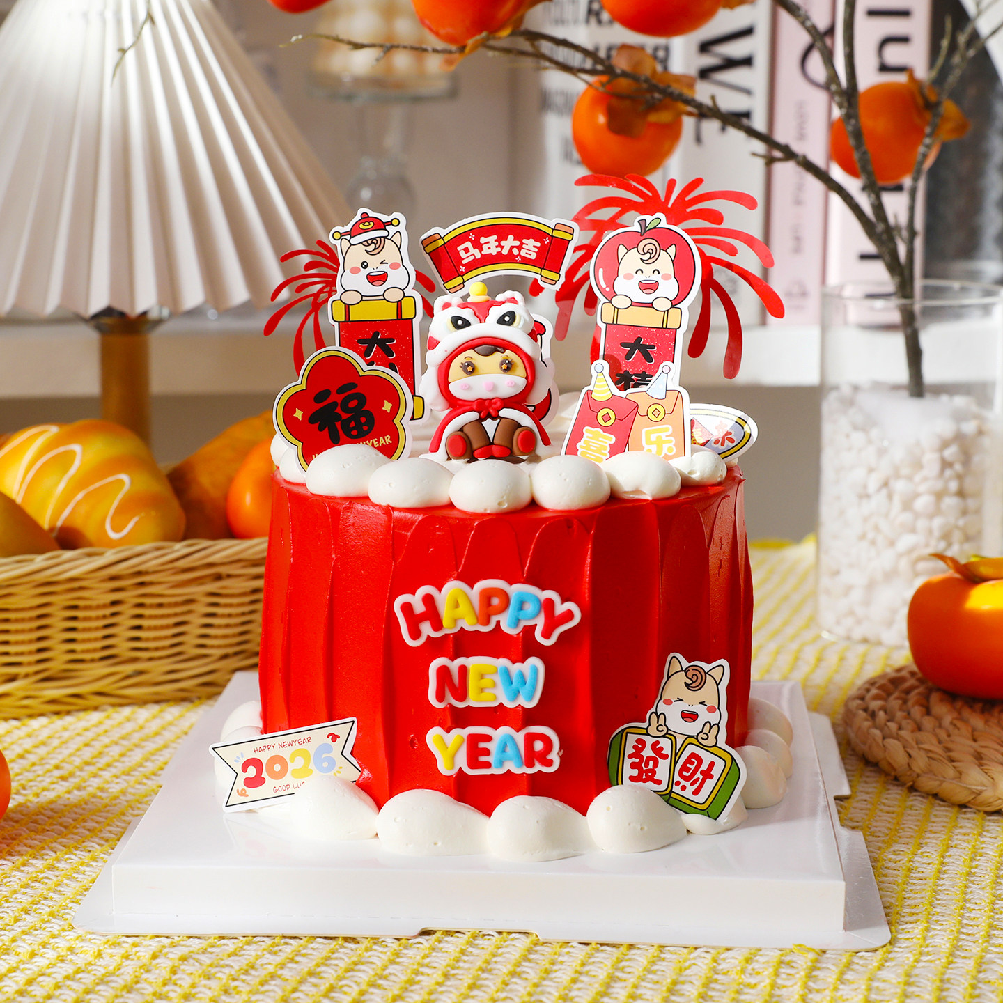 网红马年跨年烘焙蛋糕装饰摆件卡通舞狮小马软胶摆件新年快乐插件