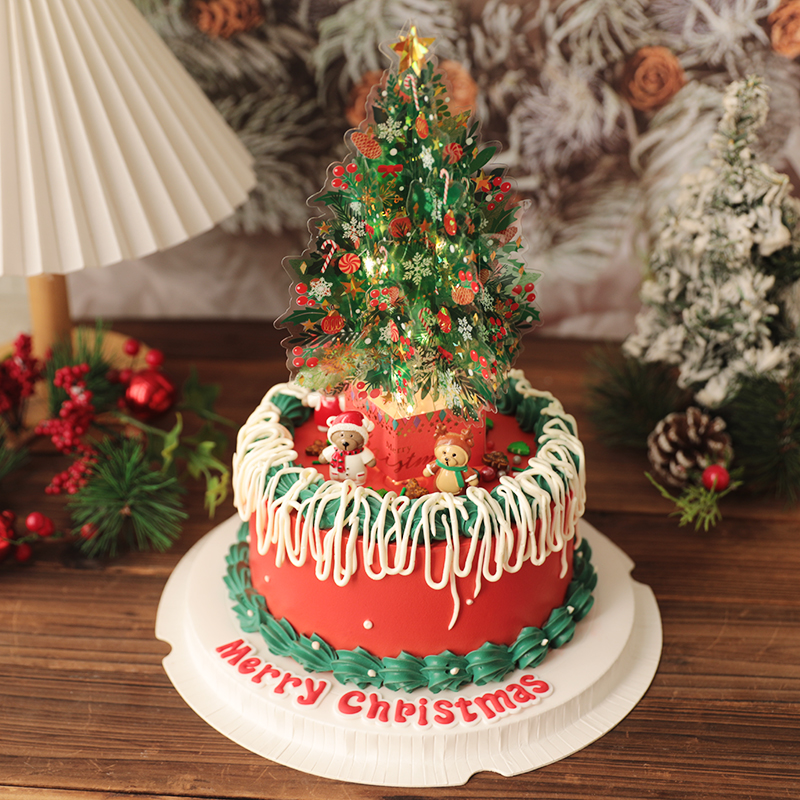 圣诞节烘焙蛋糕装饰摆件卡片圣诞树立体网红小熊派对插卡插件