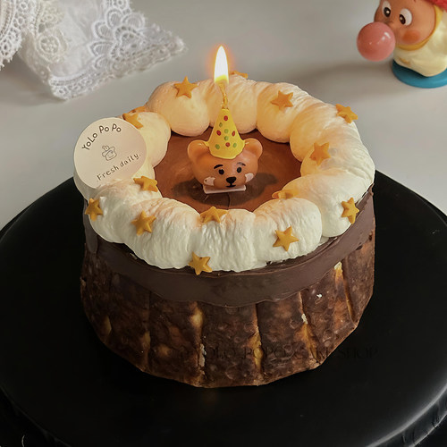 包邮网红烘焙巴斯克生日蛋糕装饰摆件生日帽小熊蜡烛五角星糖珠