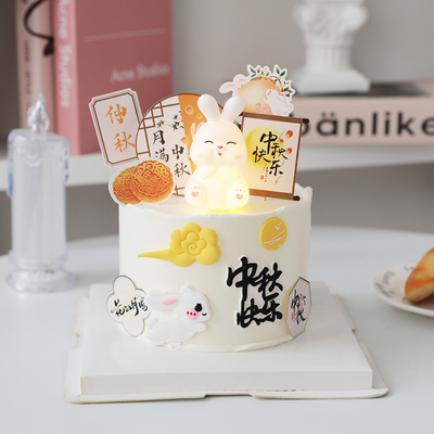 烘焙蛋糕装饰国风卡通兔子软胶中秋节日派对甜品台装扮插件插卡