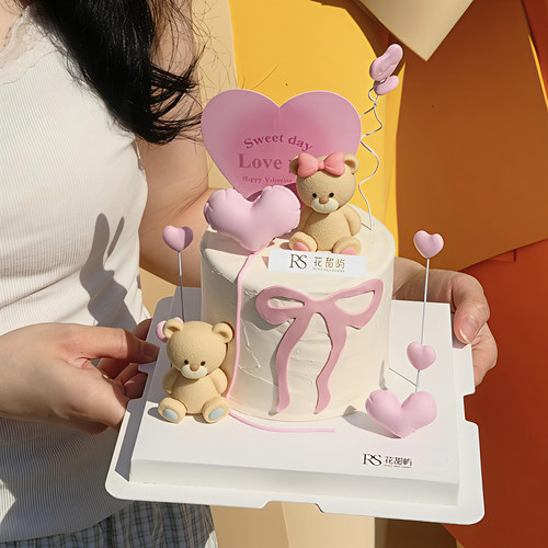 包邮网红520情人节蛋糕装饰摆件可爱情侣小熊粉色爱心Loveyou插件