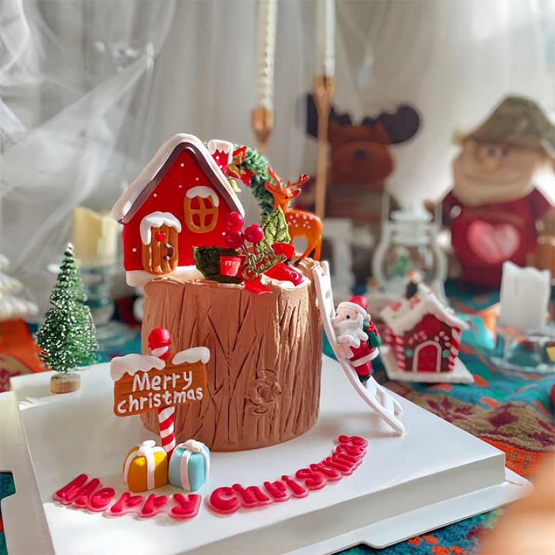 网红圣诞节蛋糕装饰摆件爬楼梯圣诞老人草圈路牌雪屋麋鹿插件插牌