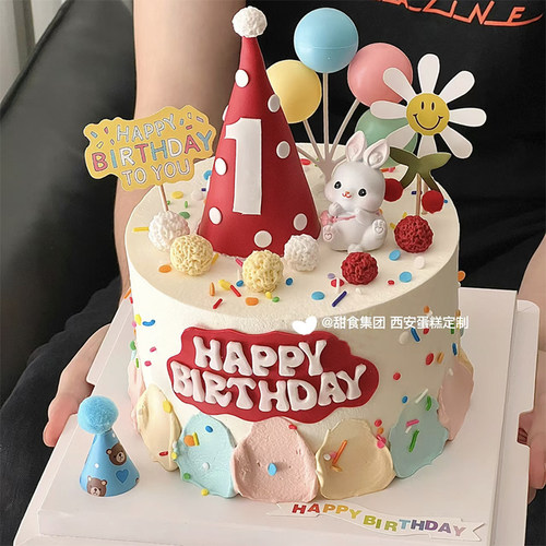 网红烘焙蛋糕装饰摆件周岁帽子气球卡通小兔子派对生日甜品台插件