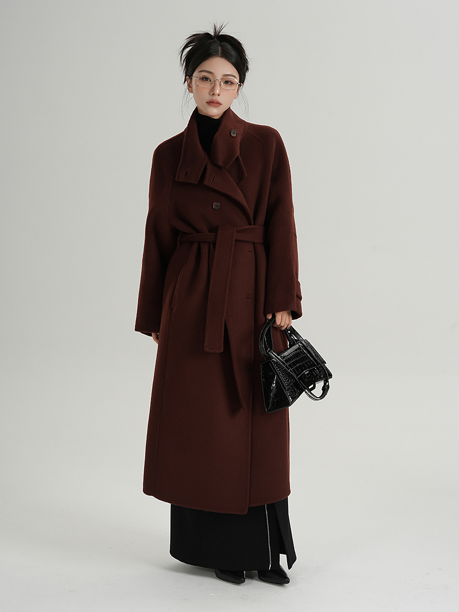 High-End Stand-Up Collar Red Woolen Coat Long Woolen Overcoat Winter New Women's Clothing