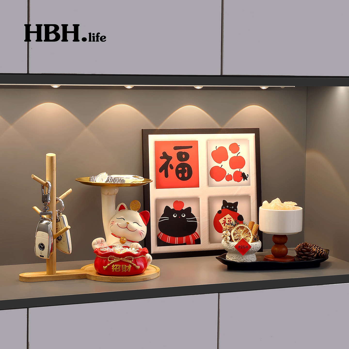 招财猫入户门口玄关钥匙收纳置物架摆件桌面收纳乔迁创意礼品2026