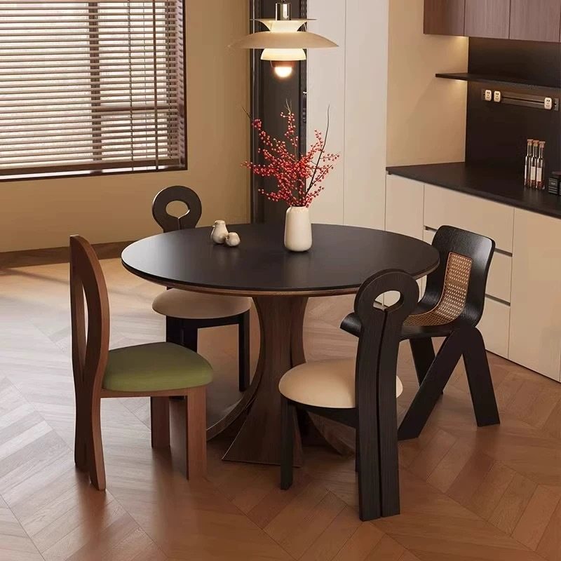 中古风实木圆形餐桌家用胡桃色