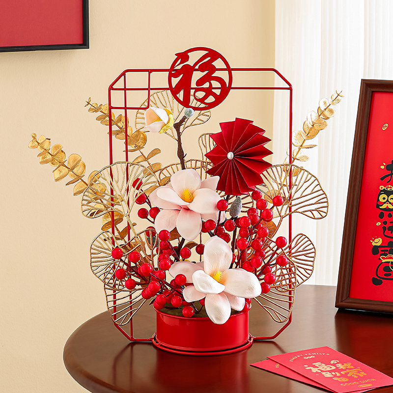 海贝海年宵花2025新年装饰花假花仿真花摆设红果花篮客厅福桶摆件