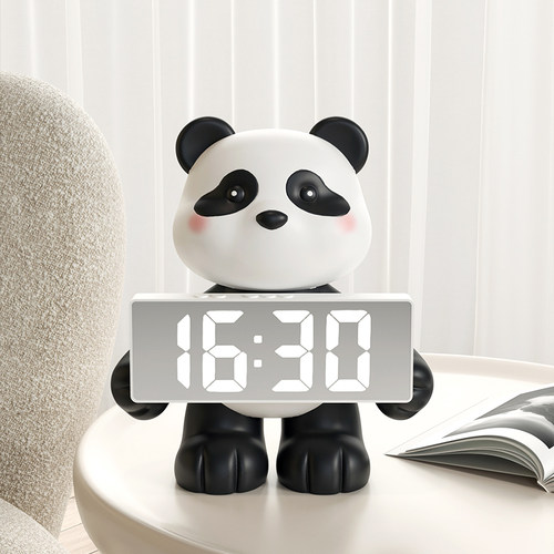 熊猫花花时钟摆件客厅卧室床头柜数字静音小闹钟玄关桌面电子钟表