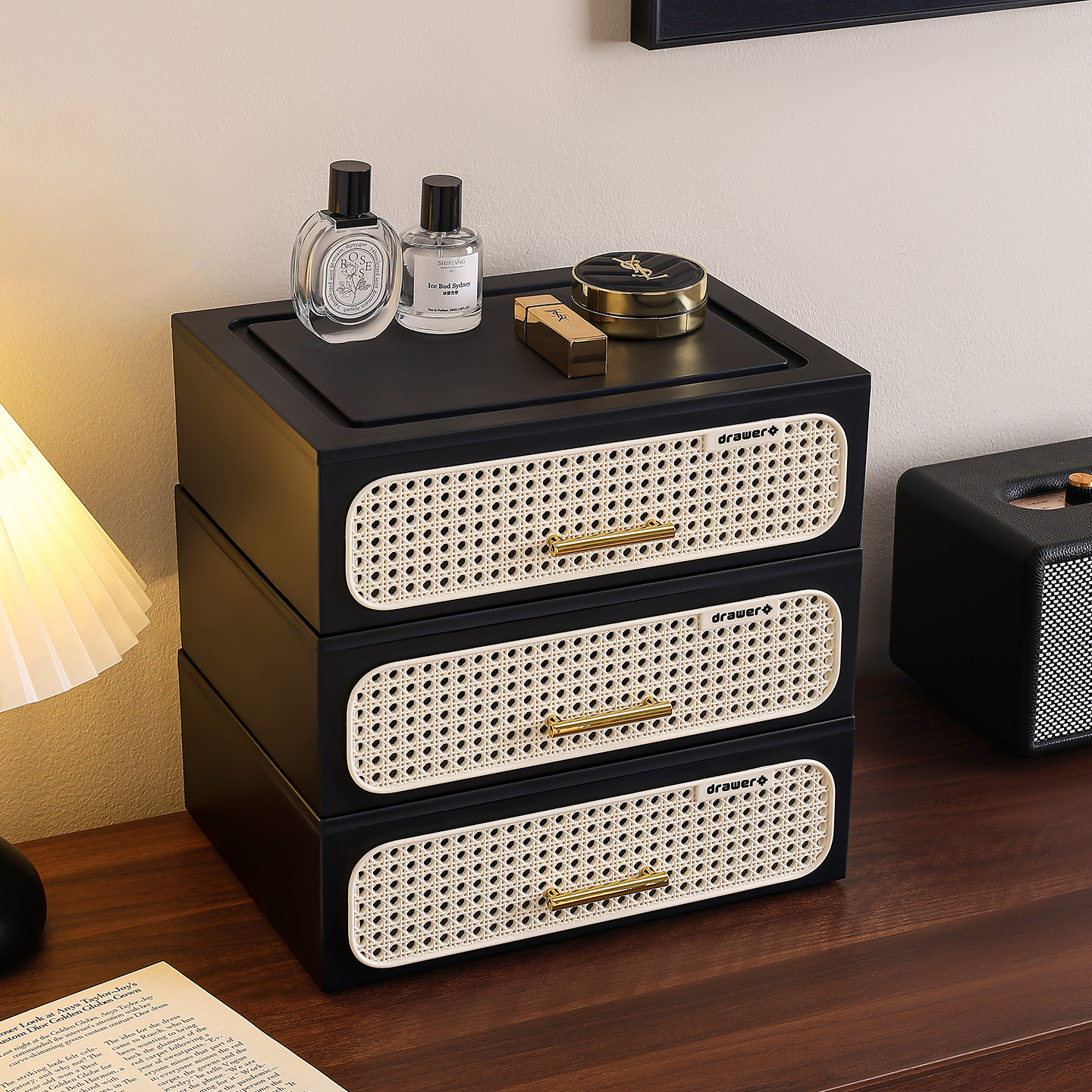 中古风仿藤编桌面抽屉收纳盒