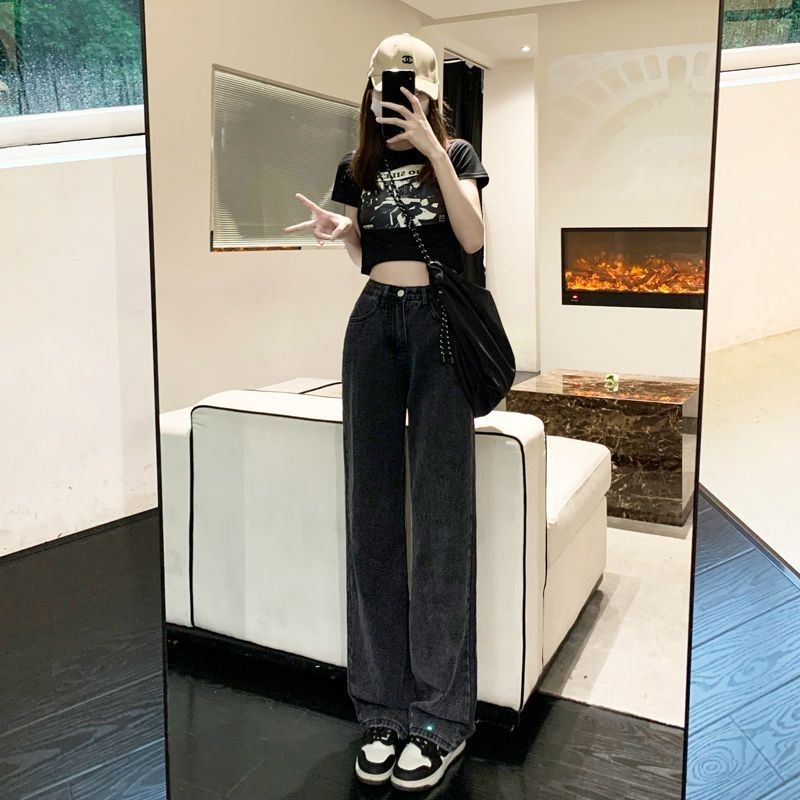 牛仔裤女高腰显瘦直筒春秋港风新款宽松阔腿百搭裤烟灰色拖地裤潮