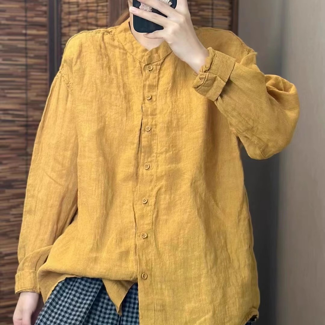 【法国麻】白色亚麻长袖衬衫女