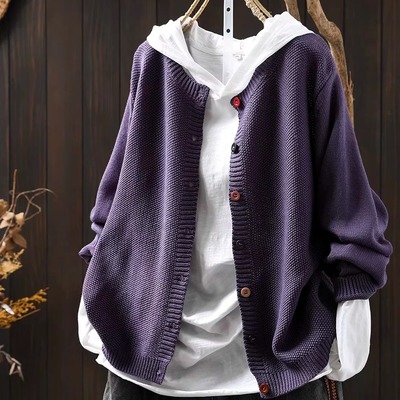 彩色纽扣棉线针织外套女