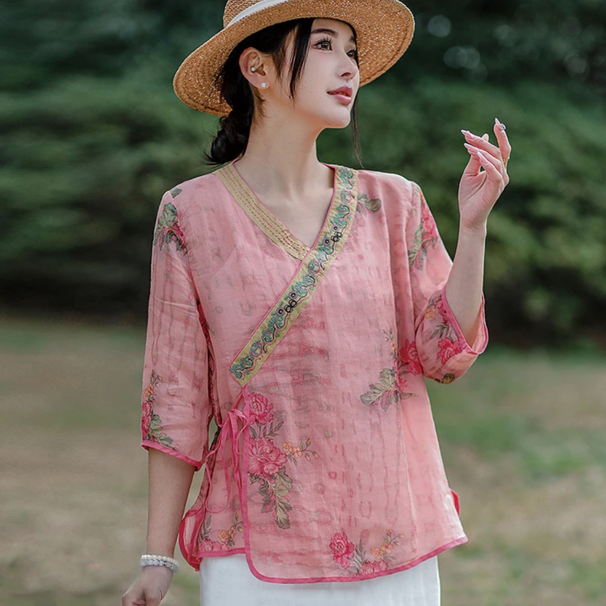 100%苎麻斜襟系带衬衫2025新款