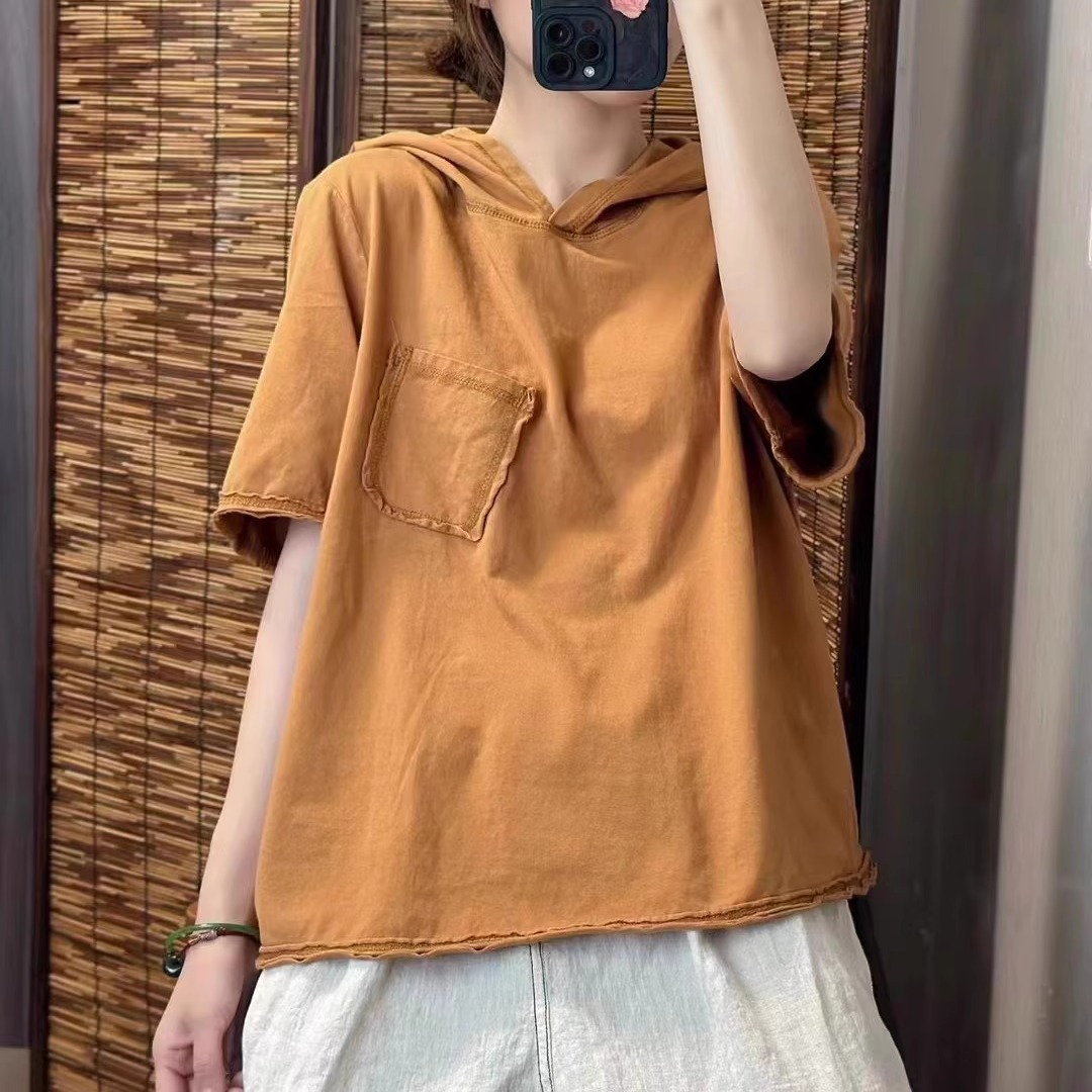 时尚连帽纯棉短袖T恤女