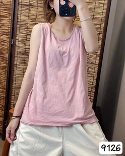 纯色纯棉吊带背心女宽松休闲复古百搭圆领无袖 夏季 t恤上衣外穿潮