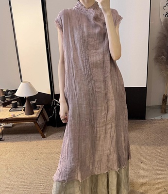 复古苎麻纯色显瘦连衣裙女