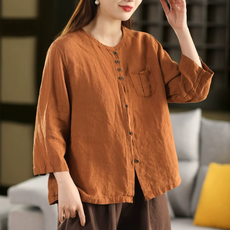 100%亚麻衬衫女气质文艺纯色上衣