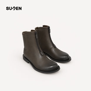 素人SUREN 26秋冬女士短靴拉链真皮柔软帅气马丁靴复古做旧骑士靴