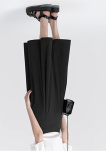 薄裤 复古暗褶插袋黑色通勤阔腿长裤 女裤 扣子和扣眼 缺腰间 夏季