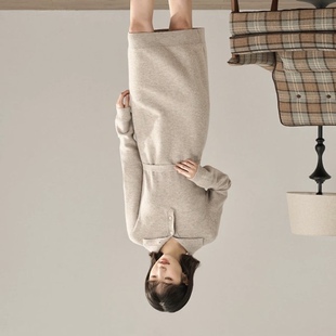 包邮含绵羊毛yin曼春秋气质款新款花式纱拉链翻领套头毛织连衣裙