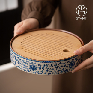 竹制茶盘小型家用汝窑繁花陶瓷茶托盘楠竹沥水盘茶台茶海茶具茶盘