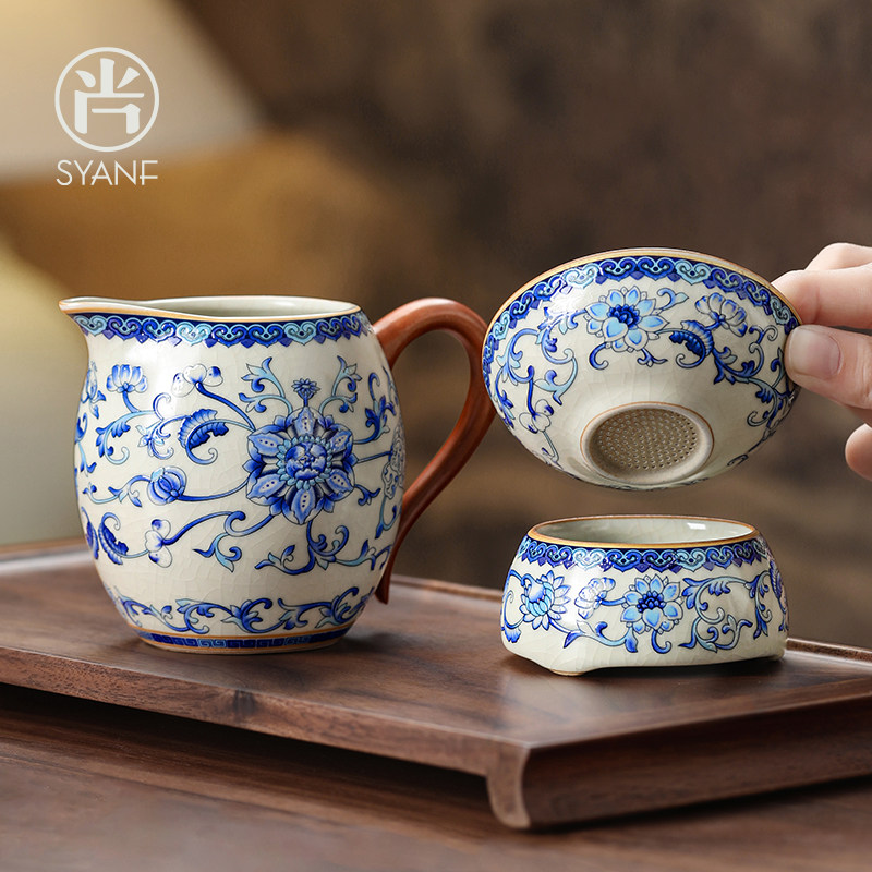 汝窑公道杯茶漏一体陶瓷青花功夫茶具配件家用茶海泡茶公杯分茶器