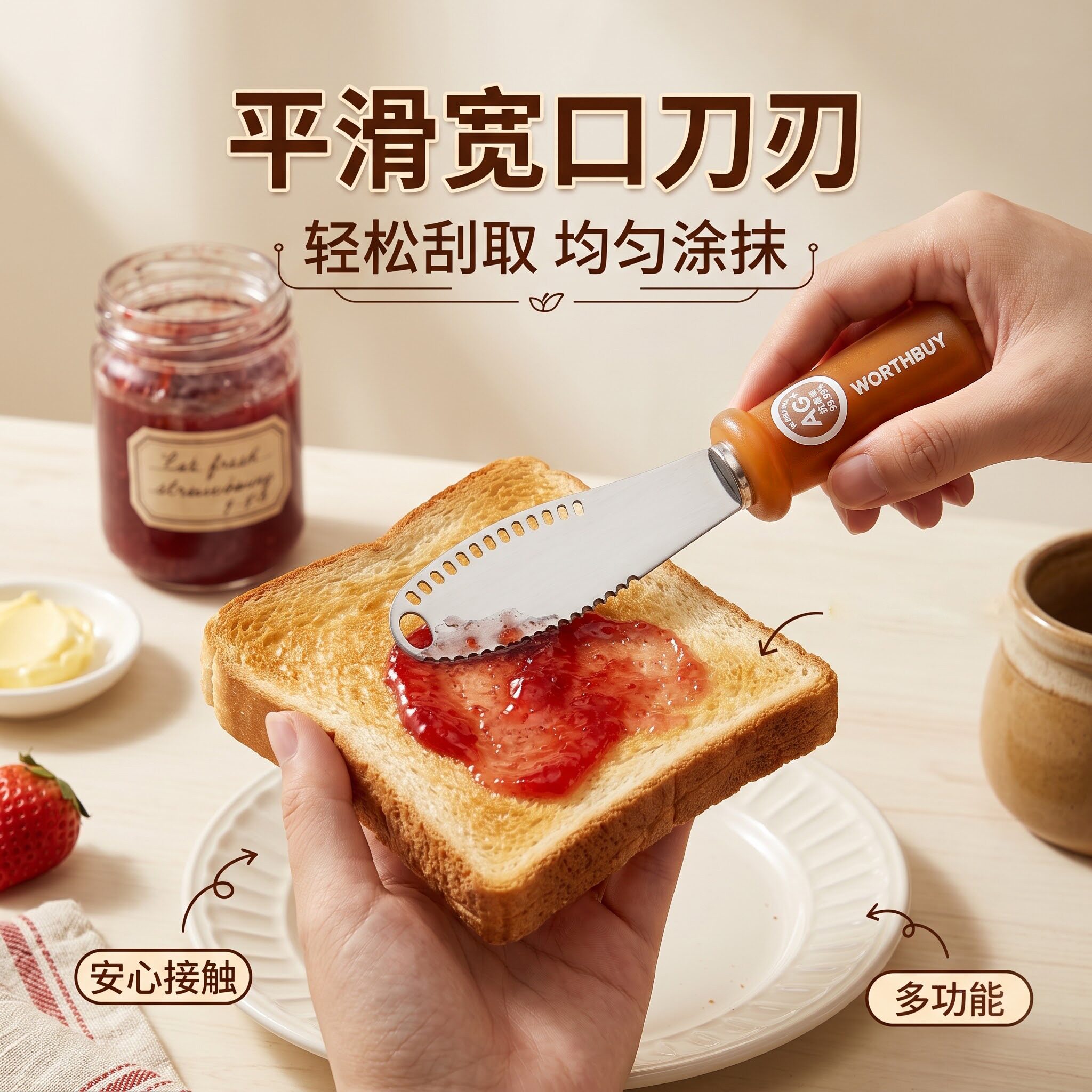 果酱抹刀410不锈钢刀头平滑宽口抗菌银离子加粗手柄家用早餐涂抹
