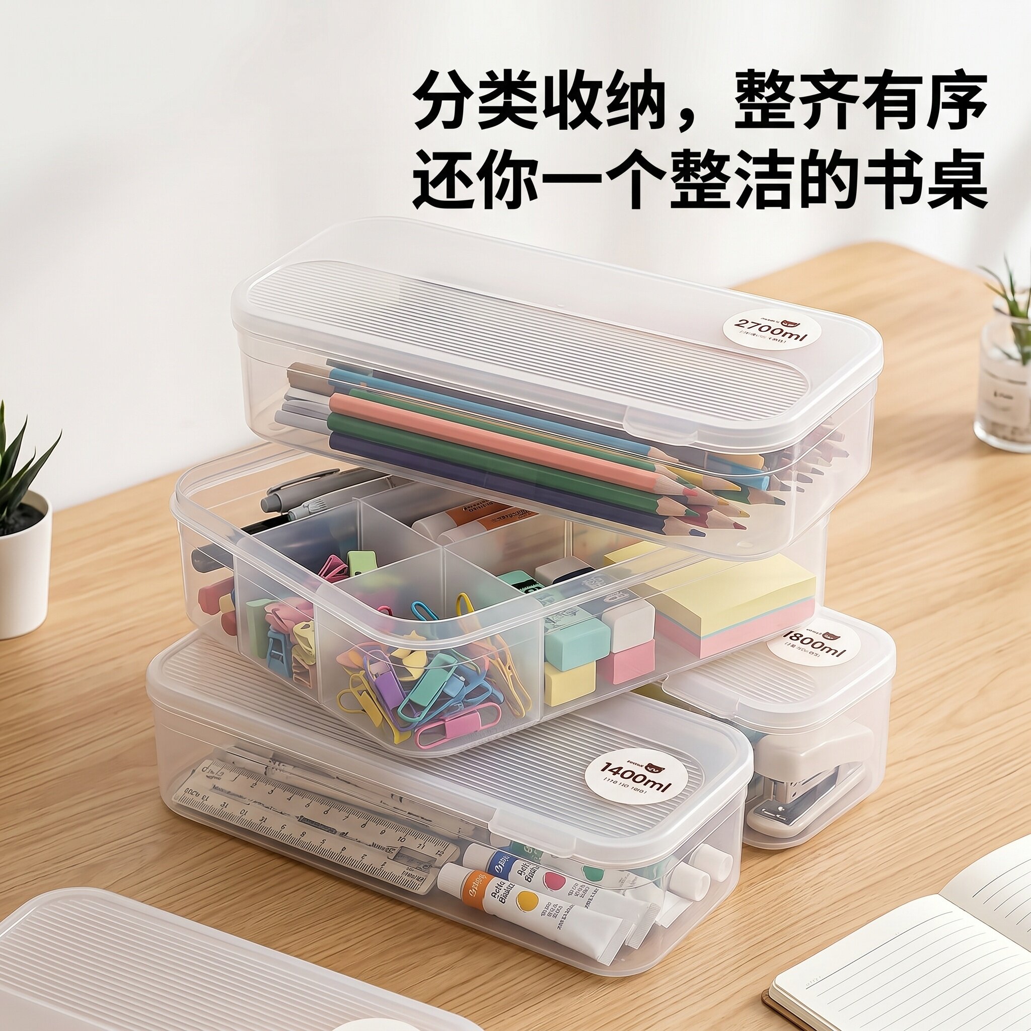大号带盖收纳盒塑料简约风学生桌面文具马克笔分类整理储物盒笔筒