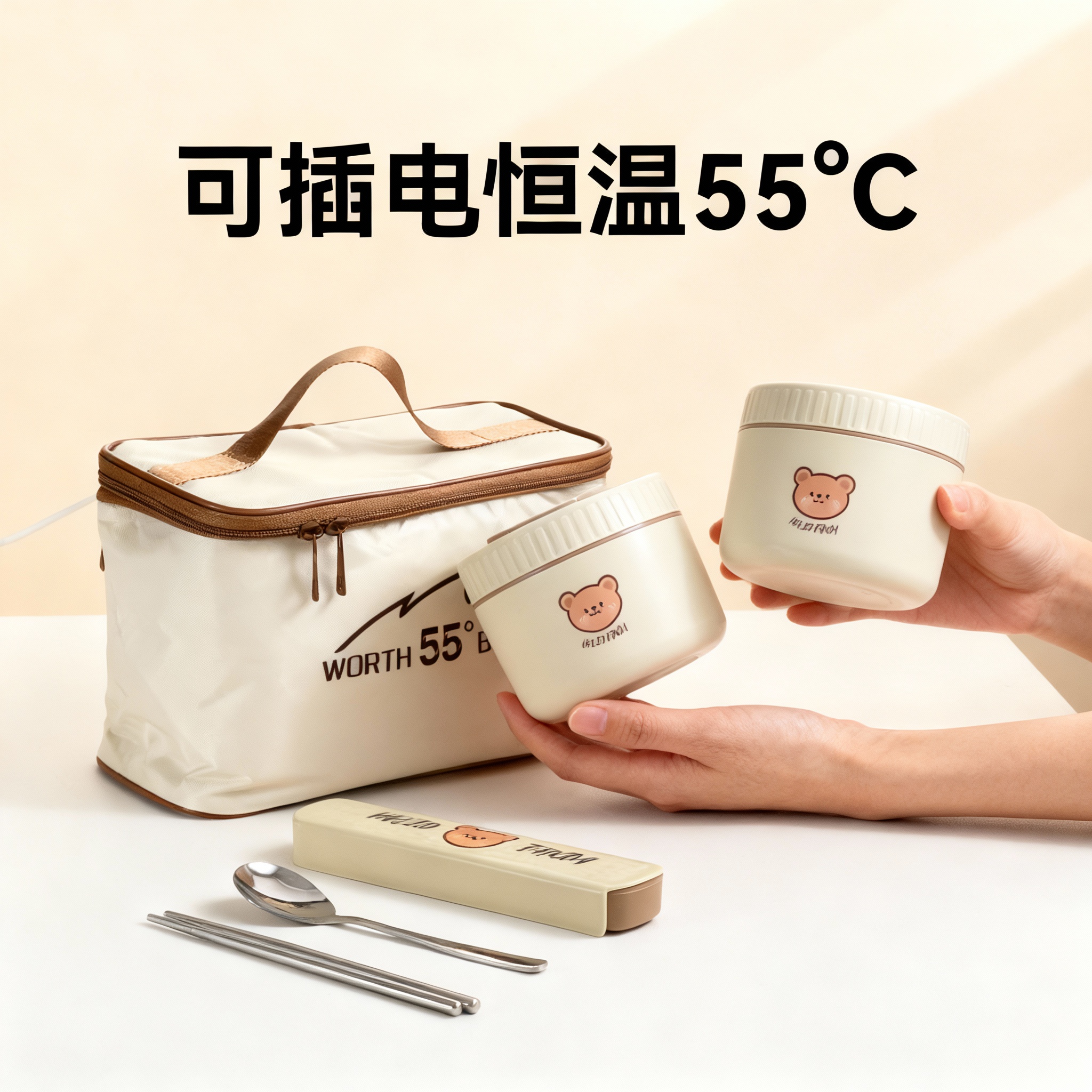 保温饭盒插电55℃恒温上班族学生户外差旅便携便当盒套装带餐具