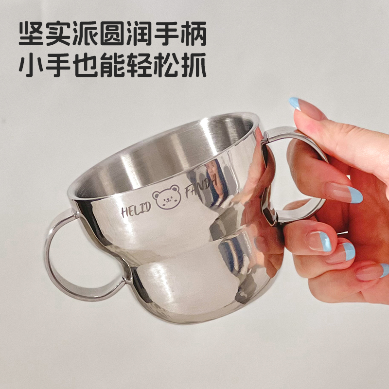 食品级304不锈钢儿童水杯宝宝专用牛奶杯双耳带盖敞口学饮杯防摔