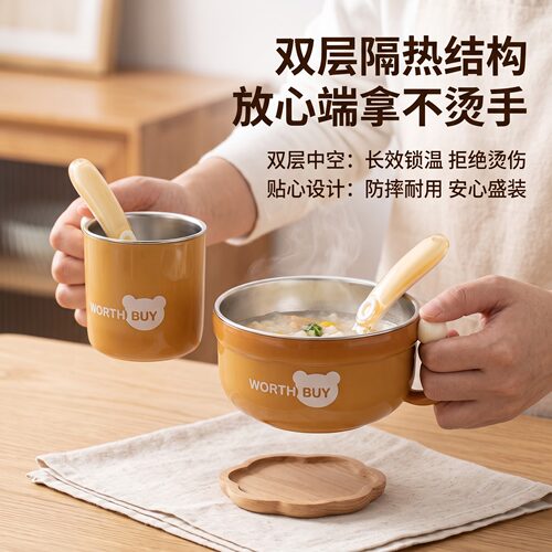 儿童碗316L不锈钢内胆防摔防烫抗菌PP外壳单柄圆球抓手辅食盛装