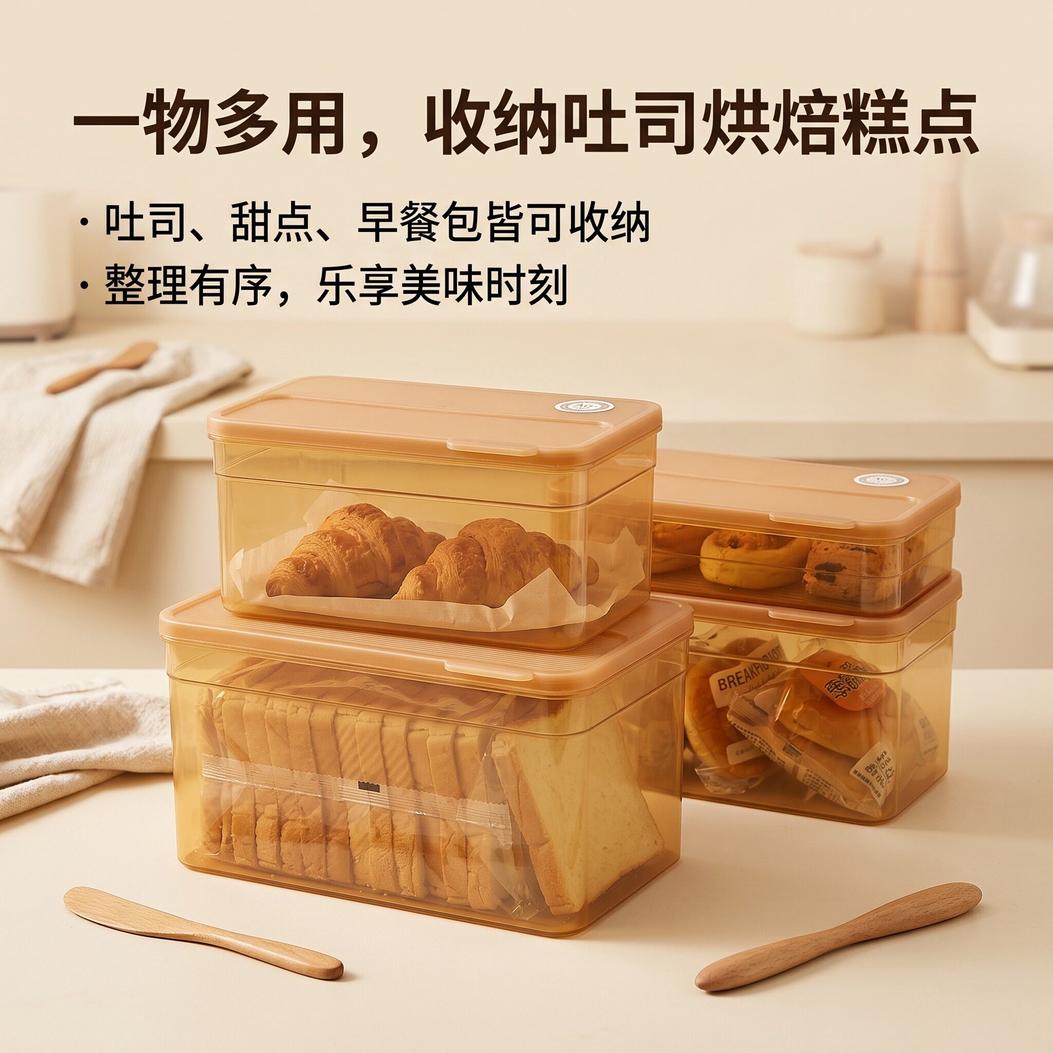 面包收纳盒PP银离子抗菌带盖防尘光滑内壁可叠放宽口平放吐司糕点