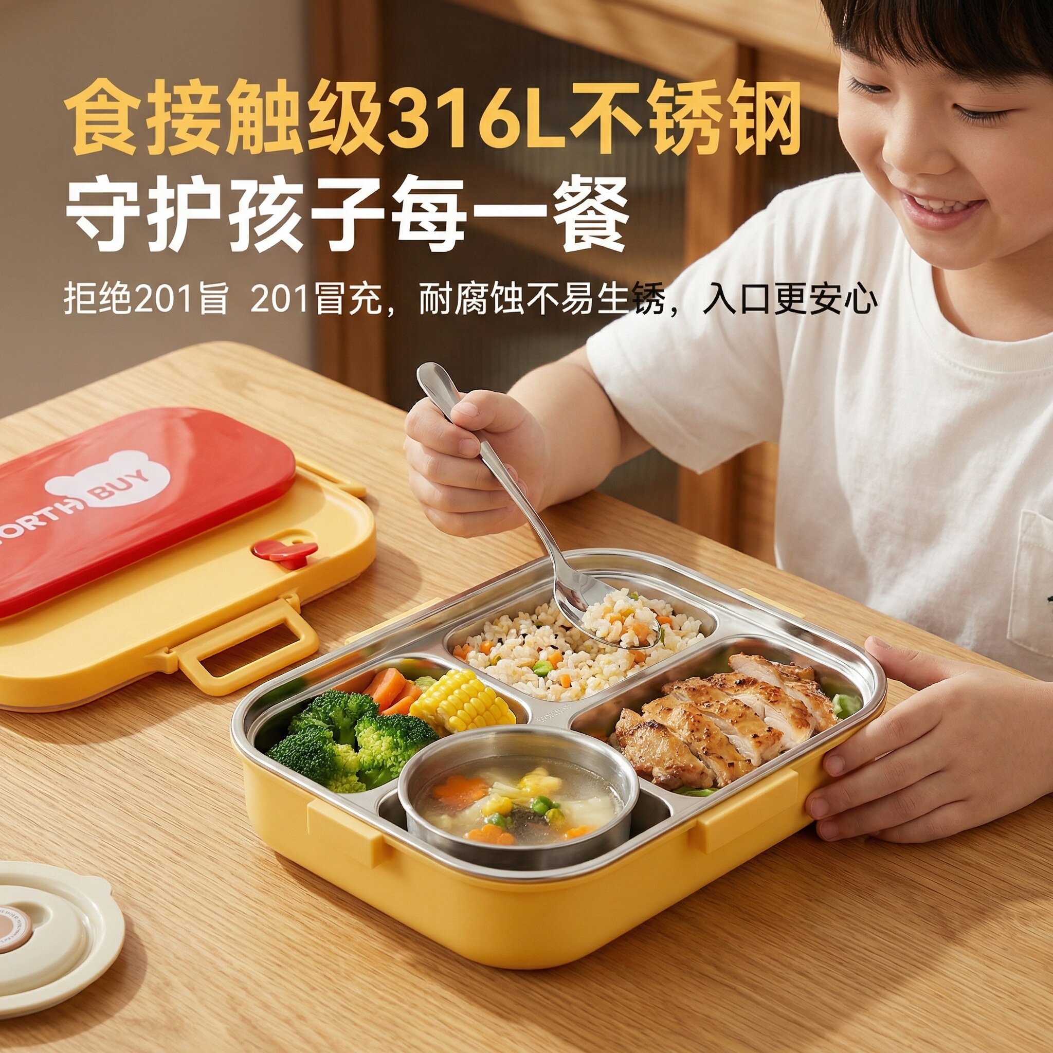 316不锈钢分格儿童饭盒学生午餐便携防漏保鲜可爱大容量新款密封