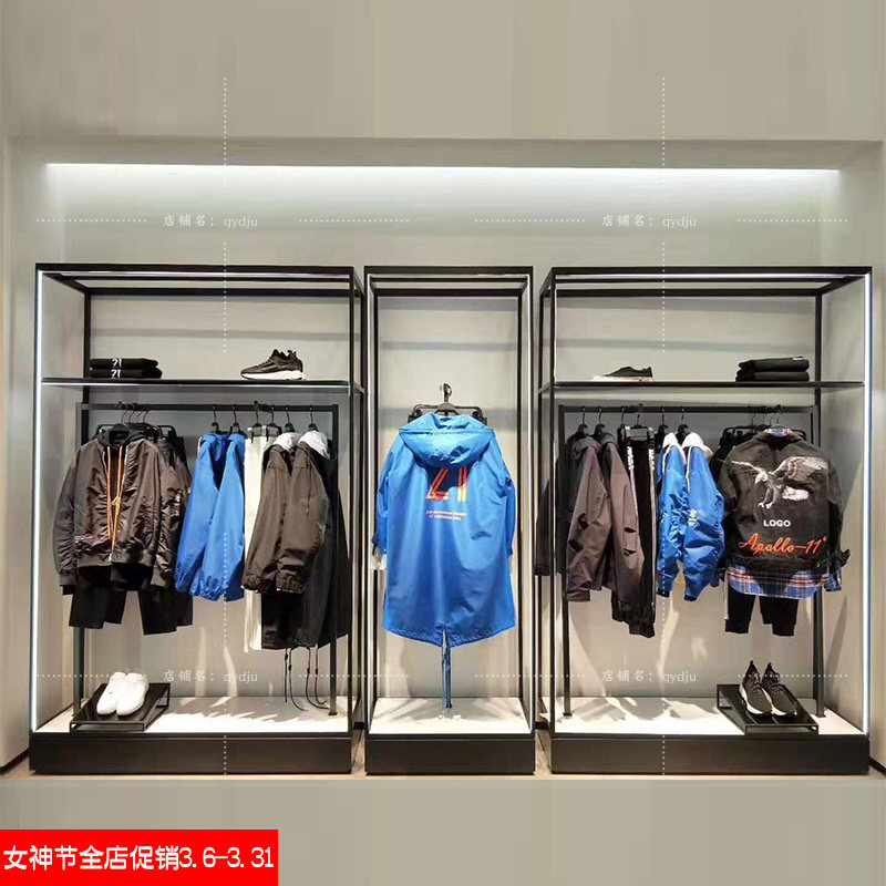 新款潮牌男装发光展示高柜时尚不锈钢龙门架靠墙组合高架中岛柜台
