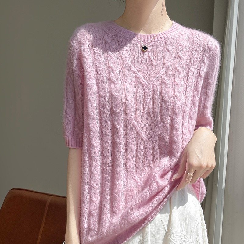 轻柔软糯云朵绒 75羊绒25桑蚕丝  丝绒扭花短袖 圆领套头针织套头