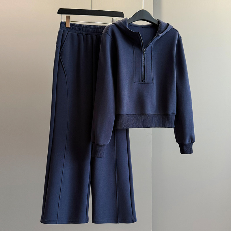 女春款欧货时尚休闲套装纯色连帽开衫上衣宽松软糯阔腿长裤两件套