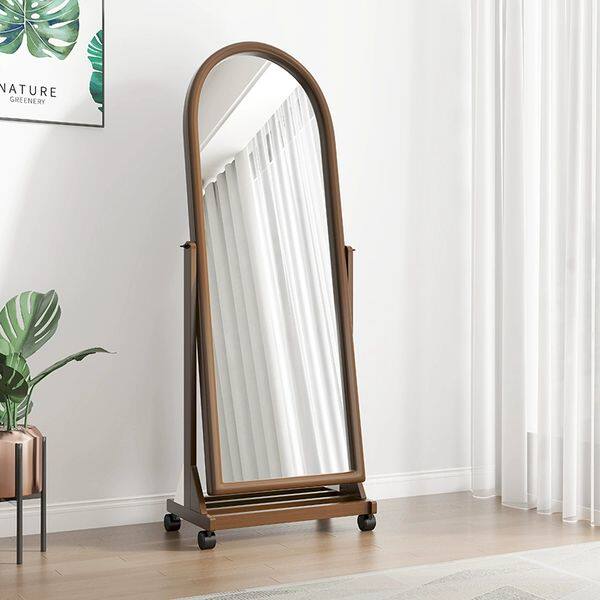 实木全身镜新中式落地镜带滑轮