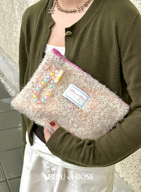 BLEU et ROSE【卷毛化妆包】原创秋冬毛呢手拿包相机收纳袋串珠链