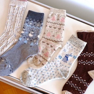 圣诞袜 ROSE 秋冬保暖柔软羊毛女袜少女中长加厚雪花 BLEU