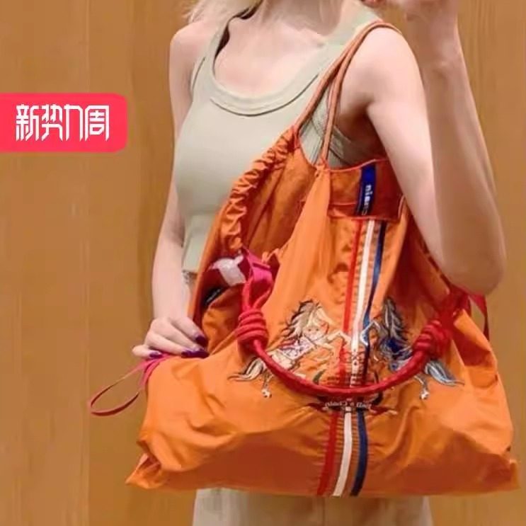 日本代购ballchain刺绣橙色双马环保帆布斜挎购物袋大容量包包女