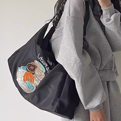 日本代购ballchain刺绣黑色单肩包女2025夏休闲帆布大容量托特包