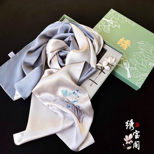 苏绣真丝手工刺绣围巾绒花胸针套装桑蚕丝丝巾非遗商务送妈妈礼品