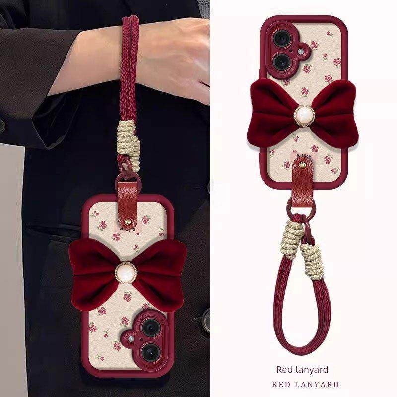 适用于Apple 16手机壳iPhone 15 Pro Max新款14Plus天鹅绒蝴蝶结Ip13优雅全包12防摔液11可爱硅胶秋冬女性挂