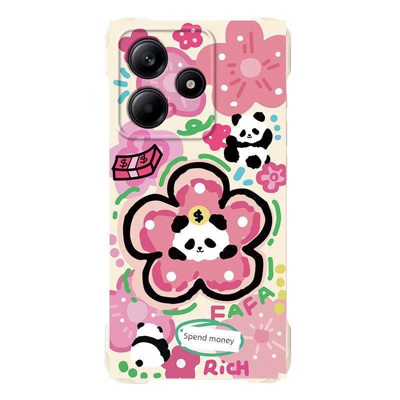 适用红米note14手机壳13Pro+熊猫发财花12turbo四角挂绳壳11Tpro新款个性创意note10高级感带挂绳radmi不撞壳